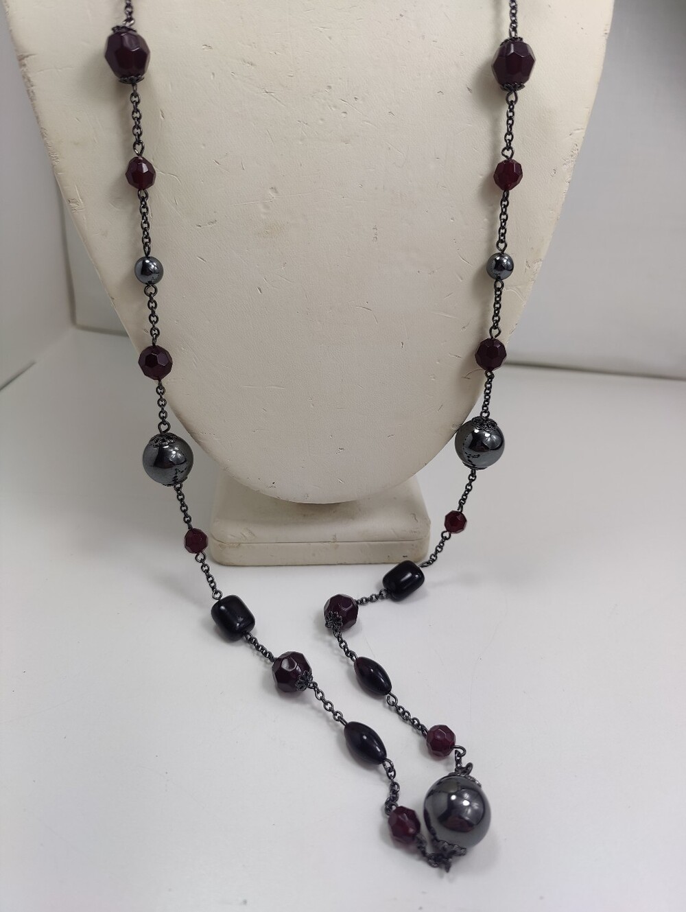 Lia Sophia Claret Genuine Hematite Long Necklace Burgundy Resin Beads Gunmetal